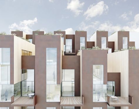 C. F. Møller Architects placed first in a competition to design eighteen sustainable town houses for Norra Djurgaardsstaden, Stockholm Green Terrace, Zen House, Collective Housing, Town Houses, Residential Building Design, Row House, Sustainable Home, Residential Building, The Building