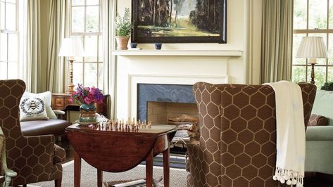 25 Cozy Ideas for Fireplace Mantels: Keeping Room Fireplace Southern Living Rooms, Keeping Rooms, Mantel Decorating, Room Fireplace, Dining Room Curtains, Built In Cabinet, Southern Living Homes, Keeping Room, Living Room Bookcase