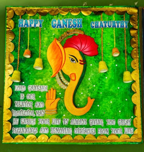 Ganesh chaturthi decoration, Indian festival bulletin board ideas Ganpati Bulletin Board Ideas, Ganesh Chaturthi School Decoration, Ganesh Chaturthi Soft Board Decoration, Ganpati Board Decoration In School, Ganesh Chaturthi Notice Board Decoration, Ganesh Chaturthi Chart Ideas, Ganesh Chaturthi Charts For School, Ganesh Chaturthi Board Decoration Ideas, Festival Bulletin Board Ideas