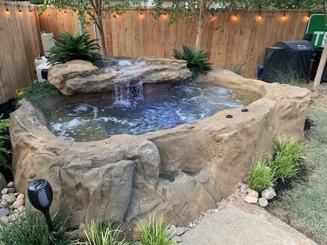 Hybrid Hot Tub/ Spa | Universal Rocks I Ground Hot Tub, Waterfall Hot Tub, Small Backyard Ideas Hot Tub, Fancy Hot Tub, In Ground Spa Ideas, Grotto Hot Tub, Natural Looking Hot Tub, Natural Hot Tub Backyard, Big Hot Tub