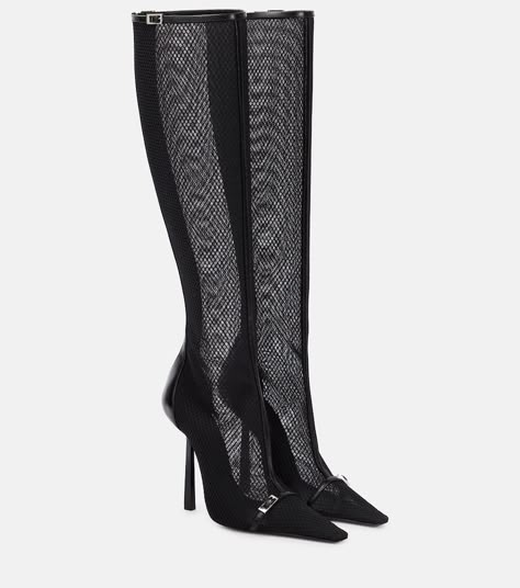 Find Saint Laurent Oxalis Mesh Knee-high Boots on Editorialist. Upper: fabric. Lining: leather. Sole: leather insole and sole. Toe shape: pointed toe. Made in Italy. Includes: dust bags, shoe box. Designer color name: Nero/Nero . Closure: zipped back. Luxury Boots, Dr Shoes, Shoes Heels Classy, Heels Classy, Fancy Shoes, Aesthetic Shoes, Saint Laurent Shoes, Boys Boots, Pretty Shoes