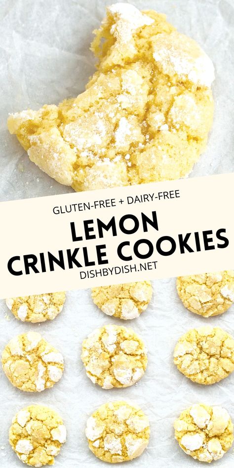 Deliciously good, these gluten-free lemon crinkle cookies are crispy on the outside and chewy inside, and filled with fresh citrus lemon flavor. Bake a batch for your holiday cookie exchange, or whenever you want some lemon cookies! Totally dairy-free too. Gluten Free Lemon Crinkle Cookies Recipe, Lemon Crinkle Cookies Gluten Free, Gluten Free Lemon Cookie, Gluten Free Dairy Free Tea Party Food, Gluten Free Crinkle Cookies, Gluten And Dairy Free Cookies, Gluten Free Dairy Free Cookies, Gluten Free Lemon Cookies, Gluten Free Foods