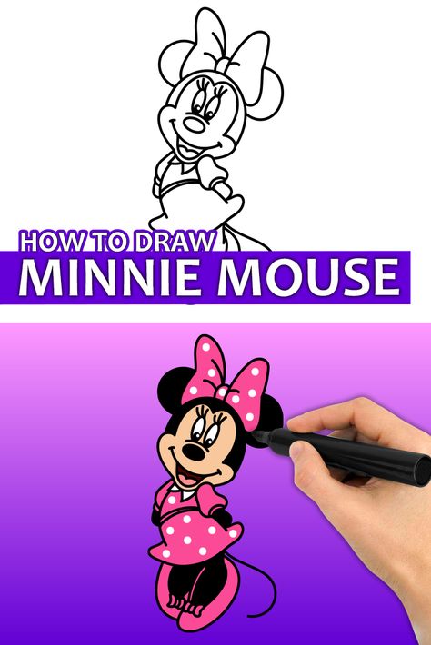 How To Draw Minnie Mouse Step By Step, How To Draw Minnie Mouse, Draw Minnie Mouse, Minnie Mouse Videos, How To Draw Snow, Disney Drawing, Easy Disney Drawings, Minnie Mouse Bow, Easy Drawings For Kids