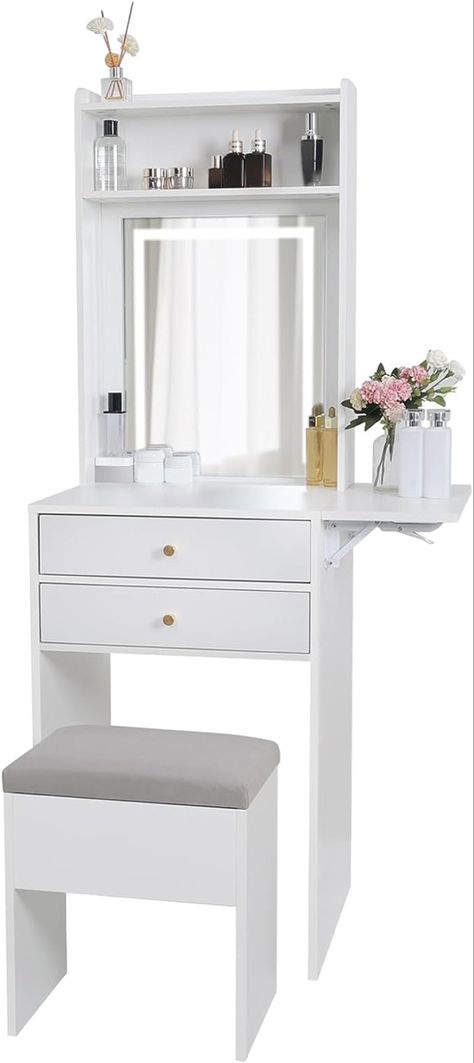 ARTETHYS Small Vanity Desk Set with 3 Adjustable Lighted Mirror and Storage Chair, Makeup Vanity Table for Small Space, White Dressing Table with Fold-up Panel for Bedroom Small Vanity Desk, Small Vanity Table, White Dressing Table, Small Makeup Vanities, Small Dressing Table, Mirrored Vanity Table, Dressing Table With Drawers, White Dressing Tables, Cactus Embroidery