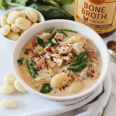 Bacon Chicken Gnocchi Soup - Zoup! Good, Really Good Bacon Gnocchi Soup, Bacon Gnocchi, Chicken Bone Broth, Chicken Gnocchi, Bacon Chicken, Chicken Gnocchi Soup, Gnocchi Soup, Chicken Bones, Chicken Bacon