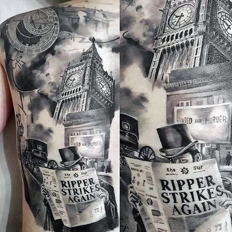 50 Big Ben Tattoo Designs For Men Clock Tower Tattoo, Big Ben Tattoo, London Clock Tower, Tower Tattoo, 22 Tattoo, Jack Tattoo, Tattoo Son, London Clock, Back Piece Tattoo