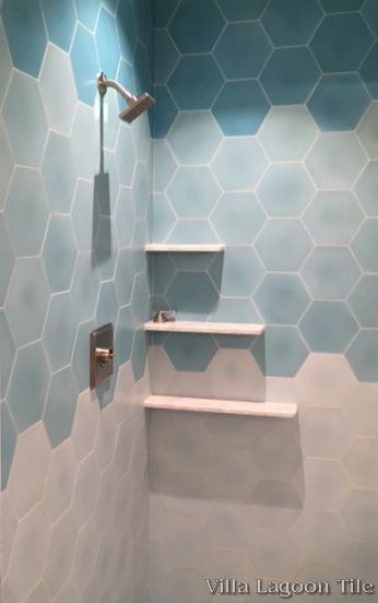 Liked on Pinterest: Our "Mixed Aqua Hex" cement tile is making waves in this relaxing shower. Turquoise Shower, Gray Hex, Coastal Bathroom Design, Villa Lagoon Tile, Bilik Air, Porta Shampoo, Great Bathrooms, Room Tiles, Bathroom Shower Tile