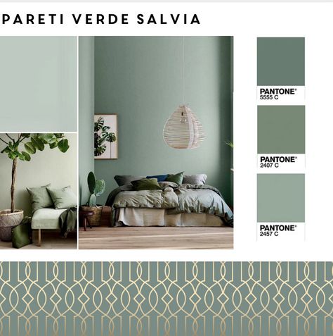 pareti verde salvia Pantone Verde Salvia, Camera Verde Salvia, Palette Verde Salvia, Wall Mounted Fireplace, Verde Salvia, Living Room Partition, Living Room Partition Design, Room Partition Designs, Partition Design