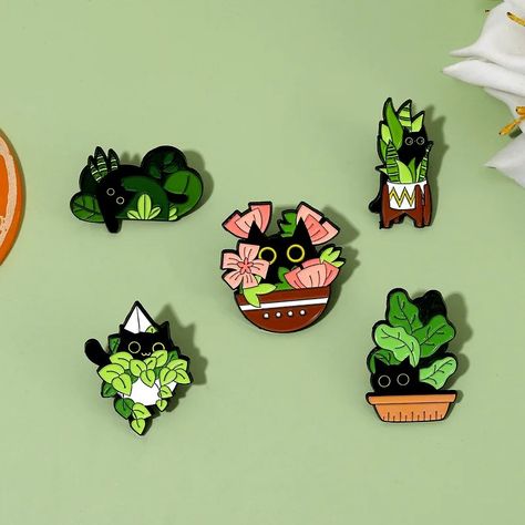 Vintage Cartoon Cute Black Cat Plant Metal Enamel Brooch Exquisite Flower Green Leaf Animal Emblem Pin Jewelry Accessories - AliExpress 36 Plant Enamel Pin, Chlorophytum Comosum, Enamel Pin Funny, Leaf Animals, Green Brooch, Cat Plants, Grimoire Book, Cat Enamel Pin, Holiday Party Gift