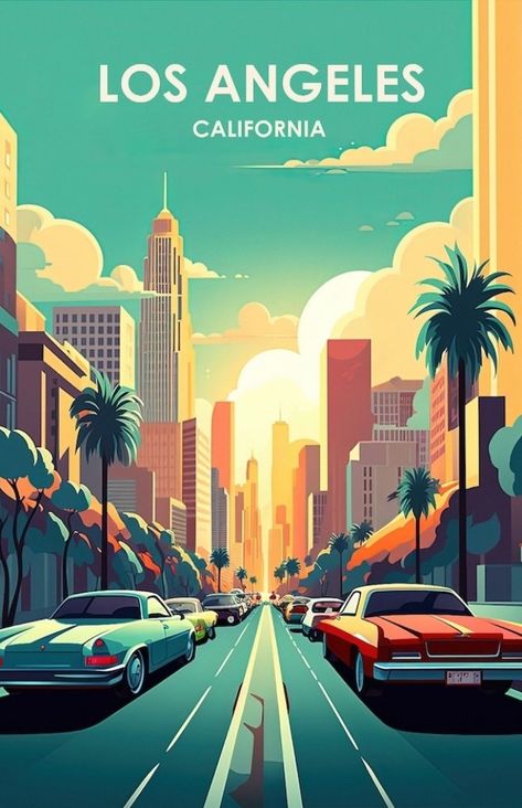 Los Angeles Illustration Art, Vector Travel Poster, Los Angeles Cartoon, Hollywood Illustration, Los Angeles Illustration, Tour Poster Design, Los Angeles Travel Poster, American Travel Posters, Land Mark