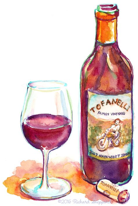 Watercolour Wine Bottle, Wine Bottle Drawing, Wine Glass Drawing, Glass Drawing, Beginners Painting, Bottle Drawing, Sonoma County California, Sketchbook Illustration, Easy Food Art