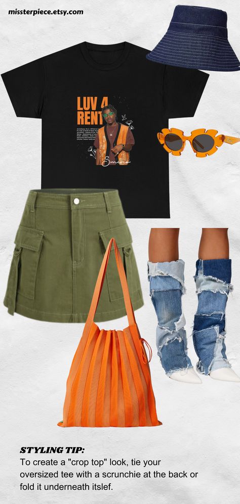 Casual wear can still be fly! This pin features an Oversized Smino Graphic Tee (by Misster Piece on Etsy) with a green utility skirt, orange tote bag, and other complimentary accessories. Orange And Green Outfit Black Woman, Orange And Olive Green Outfit, Olive Green And Orange Outfit, Orange Tee Outfit, Luv 4 Rent, Green Orange Outfit, Orange Bag Outfit, Green And Orange Outfit, Orange And Green Outfit