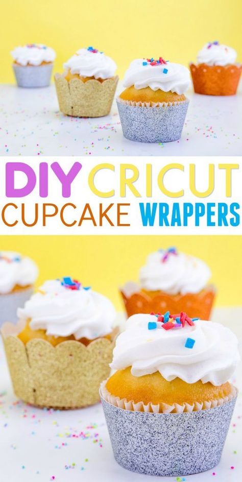 If you've ever wanted to take your cupcake game to the next level, these DIY Cricut cupcake wrappers are the way. We used glitter cardstock to really bring the sparkle. #cricut #diecutting #cricutmade #cricutmaker #cricutexplore #cricutprojects Wrappers Diy, Diy Stencils, Diy Recycled Projects, Cricut Supplies, Cricut Images, Awesome Crafts, Beginner Crafts, Diy Cupcakes, How To Make Cupcakes