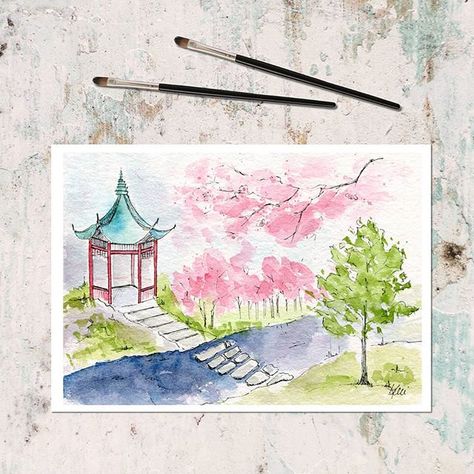 Kelli McNichols (@kellimcnicholsart) • Instagram photos and videos Urban Sketching Architecture, Ink Landscape Painting, Sketching Architecture, Japan Watercolor, Ink Landscape, Colour Drawing, Watercolor Art Landscape, Watercolor Paintings Nature, Japan Landscape