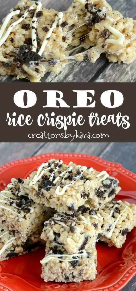 Oreo Rice Crispy Treats - ooey gooey rice crispy treats loaded with chunks of Oreos. Drizzle them with white chocolate for an extra special treat! #oreos #ricecrispytreats #oreoricecrispytreats #creationsbykara Oreo Rice Crispy Treats, Oreo Rice Krispie Treats, Oreo Rice, Best Chocolate Desserts, Chocolate Balls, Delicious Deserts, Oreo Recipes, Rice Crispy Treats, Ooey Gooey