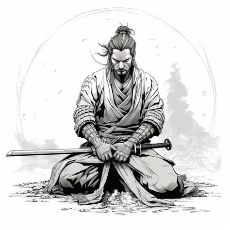 Most Popular Midjourney Style managed by ThetaCursed, License: CC BY-NC 4.0 Japanese Style Samurai Tattoo, Samurai Holding Head, Samurai Kneeling Tattoo, Samurai Warrior Drawing, Shaolin Tattoo, Samurai Meditation, Ninja Sketch, Ninja Drawing, Trippy Tattoo Ideas