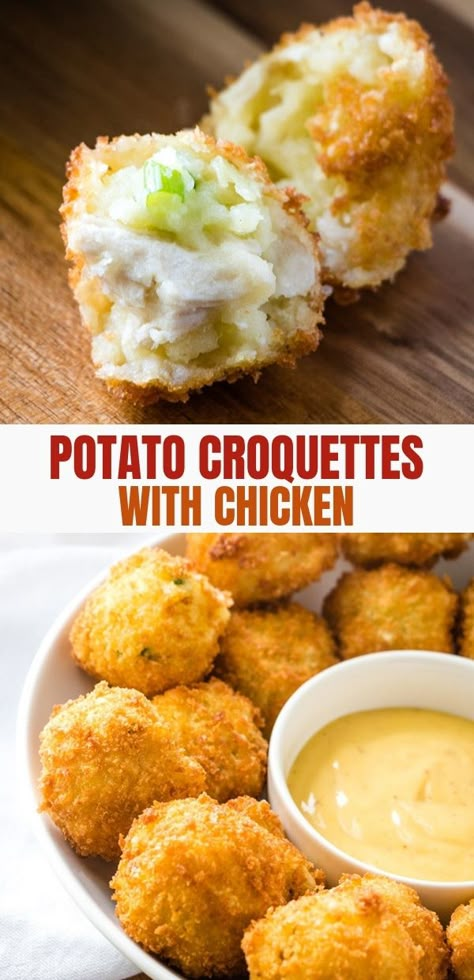 Mashed Potato Croquettes with chicken and mushrooms are tasty and seriously addicting! They're customizable and the perfect use for leftovers. Mashed Potato Croquettes, Potato Croquette Recipe, Chicken Appetizer, Chicken Croquettes, Chicken And Mushrooms, Croquettes Recipe, Chicken Mushrooms, Potato Croquettes, Holiday Leftovers