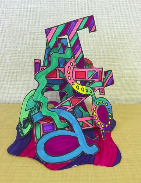 3D Name Sculpture The first project I had my students do was a 3D name sculpture.  This was the inspiration for the project  (scro... Name Sculpture, Name Art Projects, 3d Art Projects, Sculpture Art Projects, Comic Pop Art, 7th Grade Art, 3d Name, 8th Grade Art, Paper Art Sculpture