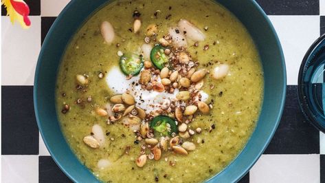 Tomatillo Soup, Soup And Grilled Cheese, Poblano Soup, Lunch Delivery, Brooklyn Kitchen, Roasted Tomatillo, Roasted Poblano, Hot Soup, Roasted Peppers