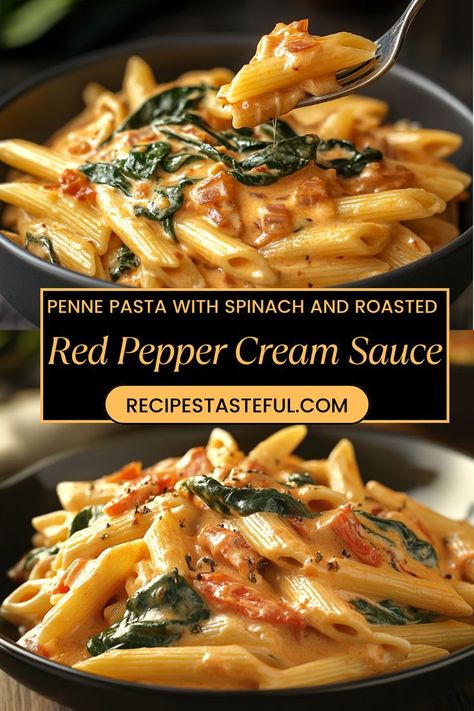 This delicious and creamy pasta dish showcases penne pasta, fresh spinach, and roasted red peppers, all enveloped in a rich cream sauce. It’s perfect for a quick weeknight dinner or a special occasion! Roasted Red Pepper Recipes, Banana Nut Loaf, Roasted Red Pepper Cream Sauce, Creamy Pasta Sauce Recipes, Red Pepper Cream Sauce, Pepper Ideas, Roasted Red Peppers Recipes, Pepper Cream Sauce, Recipes Using Pasta