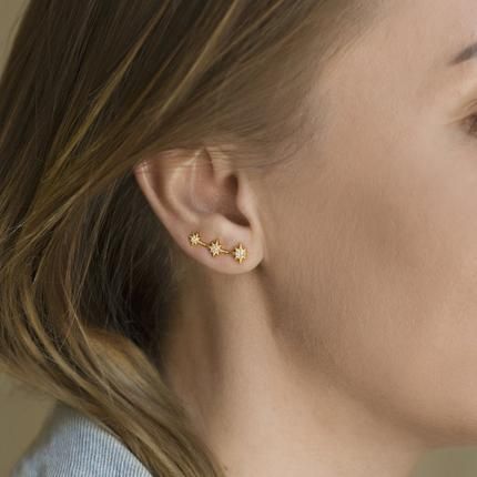 Piercings In Ear, Star Ear Piercings, 4 Piercings In Ear, Ear Climber Earrings Gold, Ear Tops, Ear Climber Earrings, Crawler Earrings, Raw Stone Jewelry, Ear Crawler