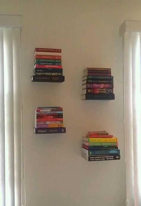 Floating Invisible Bookshelves, Bookshelves In Bedroom Floating, Invisible Floating Shelves, Invisable Book Shelves, Vertical Floating Bookshelves, Invisible Bookshelf Wall, Floating Book Shelves Aesthetic, Hang Bookshelf On Wall, Invisible Book Shelves