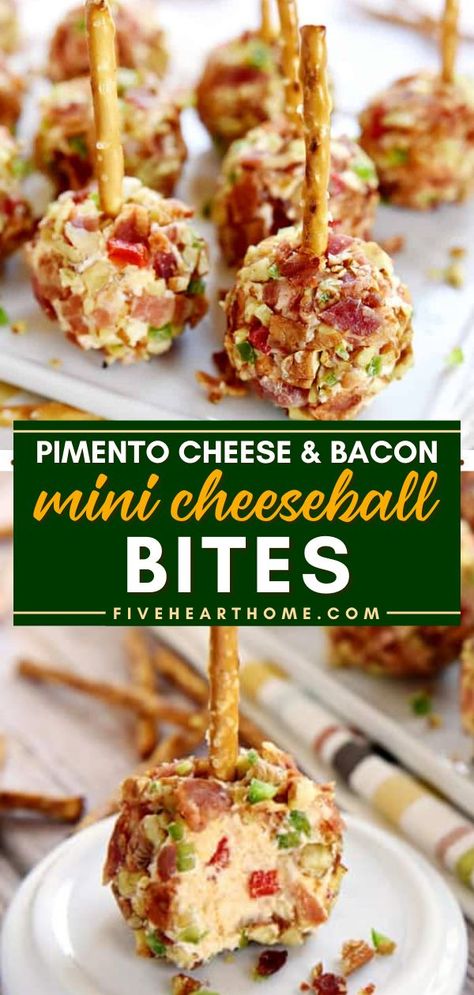 Pimento Cheese & Bacon Mini Cheese Ball Bites, new year's eve recipes, party food Snacks For Party Dips, Mini Cheeseball Bites, Cheese Ball Bites Pretzel Sticks, Mini Cheeseballs Appetizers, Mini Cheese Balls With Pretzel Sticks, Mini Cheese Balls, Bacon Jalapeño Popper Cheese Balls, Jalopena Popper Cheese Ball, Donkey Balls Recipe