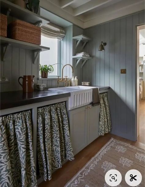 Laundry Room Decorating, Functional Mudroom, Modern Cottage Style, Blue Kitchen Cabinets, Butler Sink, Eclectic Interior Design, Kitchen Paint Colors, Boot Room, Modern Cottage