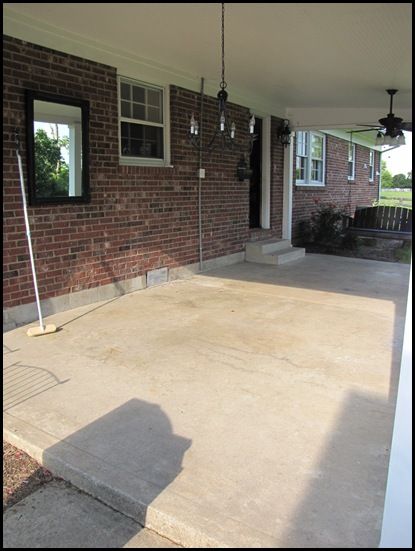 IMG_6633 Tile Patio Floor, Concrete Stain Patio, Paint Concrete Patio, Concrete Patio Makeover, Cement Patio, Concrete Stained Floors, Painted Front Porches, Porch Colors, Painted Patio