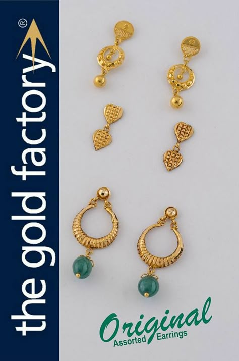 So, this post closes the short series on Thokai Earrings though, technically, these are all not thokai and therefore have been labelled 'Assorted Earrings'.  Fact is, only the one on top, a mini go-go dul, is a reji and wire affair ; the centre is a pair of cubed hand-struck hearts ; and the last one is a banded thokai kanbala with an enriched jade drop and half-topa tops.  Each is a treat to wear and unbelievably light (a constant advantage with thokai), and also very sweet and stylish. Hold Earrings Design, Gold Factory, Gold Earrings For Kids, Plain Jewelry, Small Earrings Gold, Short Series, Ruby Bangles, Gold Earrings Indian, Earrings Model