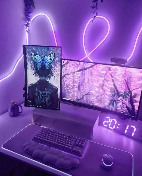 32.8ft LED neon Lights with Remote APP Control IP65 Waterproof Flexible Neon Strip Lights 24V RGB Rope Lights for Bedroom Room Outdoors Decor Pc Gaming Setup Aesthetic Purple, Purple Aesthetic Gaming Setup, Purple Set Up, Purple Pc Setup, Purple Gaming Setup, Purple Computer, Neon Strip Lights, Small Room Setup, Gaming Computer Room