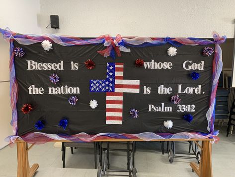 July Church Bulletin Board Ideas, Usa Classroom Theme, Patriotic Classroom Theme, Church Bulletin Board Ideas, Christian School Bulletin Boards, Patriotic Classroom, July Month, Church Bulletins, Birthday Board Classroom