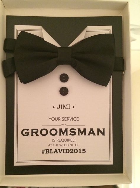 Personalised Groomsman and Best Man proposal bow tie and box design Bridesmaid Flask, Best Man Proposal, Groomsmen Invitation, Grooms Men, Hunting Birthday, Groomsman Proposal, Be My Groomsman, Groomsman Gift, Groomsmen Proposal