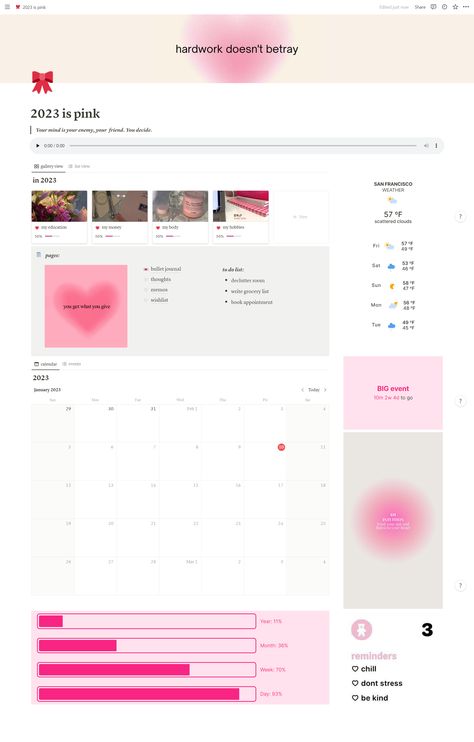 pink aesthetic that girl 2023 manifesting organizing organizer tik tok pinterest notion template digital planner for planning Pink School Notion Template, Preppy Notion Template, Pink Notion Dashboard, Notion Cover Aesthetic Study Pink, Pink Pilates Princess Notion Template, Notion Template Ideas Aesthetic Pink, Hello Kitty Notion Template, Notion Gift Template, Notion Journal Template Aesthetic