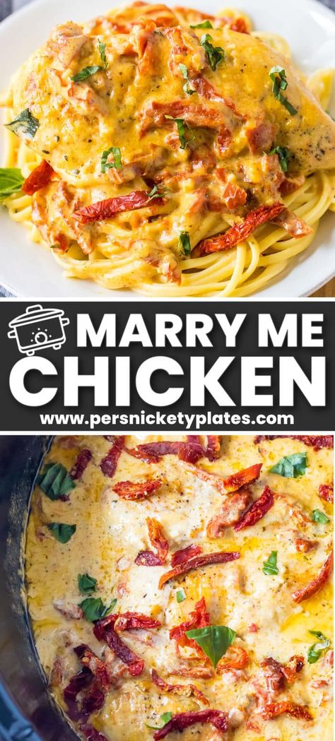 Slow cooker marry me chicken is an Italian-inspired recipe made with tender, juicy chicken slow-cooked in a seasoned, rich, buttery cream sauce with sundried tomatoes and basil. It’s fancy enough for a special occasion but easy enough to make throughout the week. Serve over pasta, rice, or mashed potatoes for a tasty meal everyone will devour! Crock Pot Mary Me Chicken, Marry Me Chicken Crock Pot Pasta, Crock Pot Marry Me Chicken, Marry Me Chicken Crock Pot, Crockpot Marry Me Chicken, Crockpot Sunday Dinner, Creamy Sun Dried Tomato Sauce, Persnickety Plates, Italian Chicken Crockpot