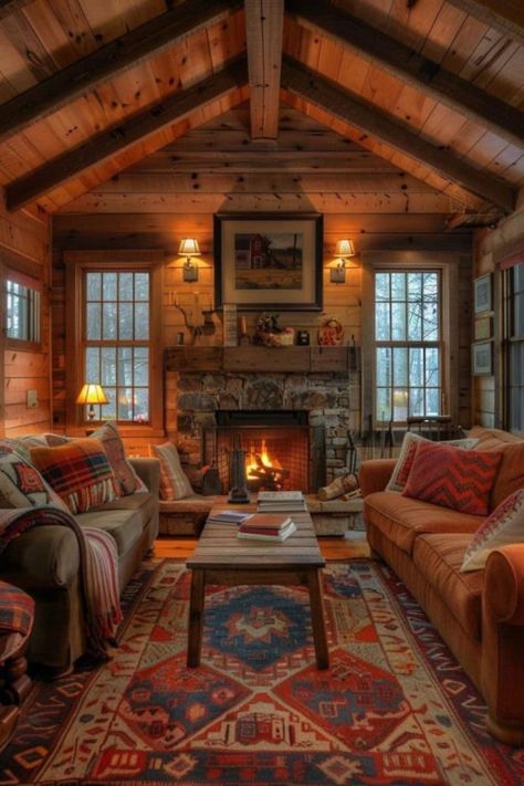 Adirondack Cabin Interior, Colorful Cabin Interior, Cabin Style Homes Interior, Cabin Cottage Interior, Simple Cabin Interior, Cabin Aesthetic Interiors, Warm House Interior, Americana Cabin, Small Rustic Living Room