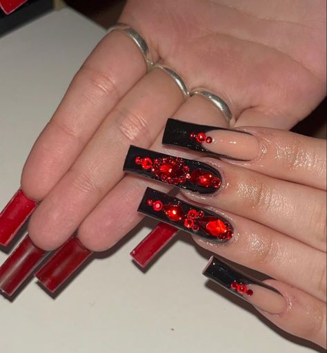 Red Quince Theme Nails, Black Nails With Red Diamonds, Extra Long Red Nails, Black And Red Rhinestone Nails, Black And Red Nails With Gems, Red Nail Set Prom, Black And Red Nails With Rhinestones, Red And Black Acrylic Nails Coffin, Red And Black Graduation Nails