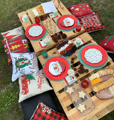 Christmas Themed Picnic, Christmas Picnic Ideas Outdoor, Christmas Picnic Ideas, Christmas Picnic, Beach Picnic Party, Friends Decor, Christmas Pajama Party, Winter Birthday Parties, Kids Picnic