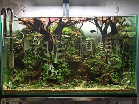 Huge Fish Tank, Goth Aquarium, 40 Gallon Aquarium Ideas, Paladarium Design, Fish Tank Themes Creative, Fish Tanks Ideas, Fish Tank Themes Ideas, Planted Aquarium Ideas, Vivarium Ideas