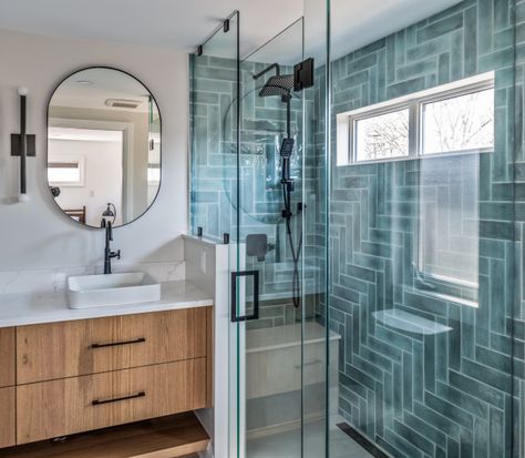 Bathroom of the Week: Teal Tile and a Curbless Shower Teal Tiled Bathrooms, Teal Bathroom Floor Tile, Teal Blue Bathroom Tiles, Dark Teal Shower Tile, Black Fixtures Bathroom, Aqua Blue Shower Tile, Teal Bathroom Ideas, Bathroom Remodel Plans, Teal Tile