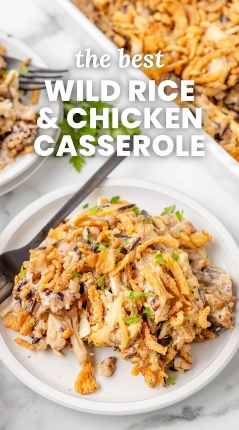 This creamy Chicken and Wild Rice Casserole is made from scratch, with a homemade sauce, shredded chicken, and topped with crispy fried onions. No Peek Chicken And Wild Rice Casserole, Chicken And Wild Rice Recipes, Shredded Chicken And Rice Recipes, Shredded Chicken Recipes Casserole, Chicken With Wild Rice, Boneless Skinless Chicken Recipes, Shredded Chicken Breast Recipes, Chicken And Wild Rice Casserole, Creamy Chicken And Wild Rice