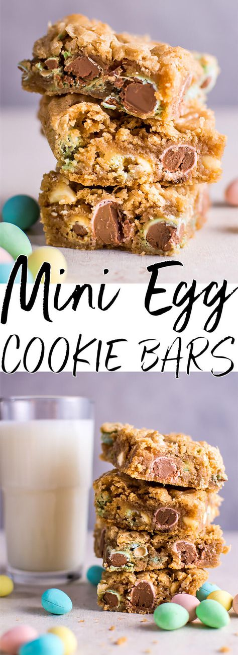 These Easter Mini Egg cookie bars are a fun and decadent way to eat your Cadbury Mini Eggs. They're soft, melty, and totally addictive. Salt And Lavender, Cadbury Mini Eggs, Mini Eggs Cookies, Dessert Oreo, No Egg Cookies, Mini Egg, Kid Desserts, Cookie Bar, Desserts Vegan