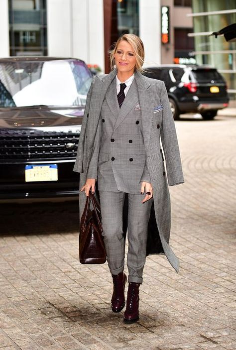 Clothing, Street fashion, Coat, Fashion, Overcoat, Suit, Outerwear, Trench coat, Footwear, Formal wear, Blake Lively Suit, Formal Office Attire, Blake Lively Outfits, Grey 3 Piece Suit, Formal Wedding Attire, Blake Lively Style, Prom Outfit, Pants Gift, Casual Outfit Inspiration