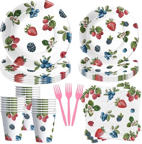 Amazon.com: YJRJSC Berry Party Decorations Tableware - Blueberry Strawberry Birthday Party Supplies, Paper Plate, Cup, Napkin, Fork, Berry Sweet Birthday Baby Shower Table Decorations Dinnerware | Serve 24 : Toys & Games Berries Themed Party, Berry First Birthday Party Food Table, A Berry Sweet Baby Is On The Way Decor, Blueberry Themed Baby Shower Ideas, Berry Themed Baby Shower Ideas, Berry Themed Party, Berry Baby Shower Ideas, Berry Sweet Baby Shower Theme, Berry Birthday Party