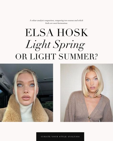 A Light Spring VS Light Summer comparison of Elsa Hosk 🤍 . #coloranalysis #colouranalysis #coloranalyst #lightsummer #lightspring #elsahosk Light Spring Vs Light Summer, Light Summer Celebrities, Light Spring Celebrities, Elsa Hosk Aesthetic, Light Summer Hair, Light Summer Makeup, Summer Celebrities, Light Summer Color Palette, Summer Palette