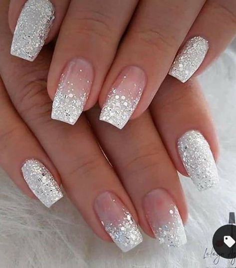 Bridal Nails Wedding, Bridesmaids Nails, Unghie Sfumate, Nails For Bride, White And Silver Nails, Wedding Nails Glitter, Formal Nails, White Glitter Nails, Ombre Nails Glitter