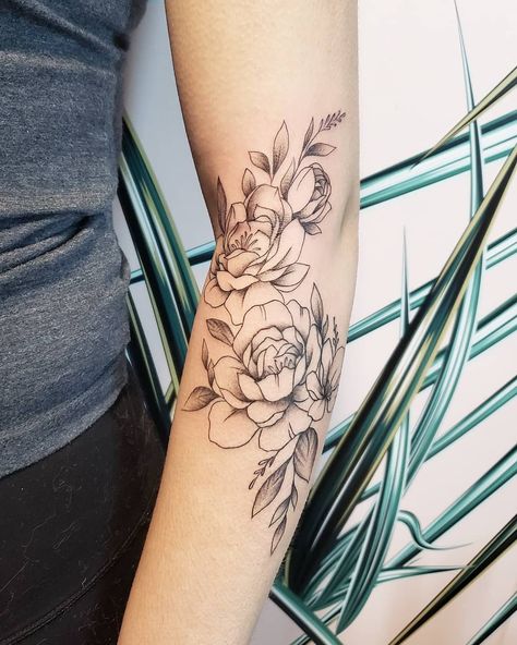 Delicate feminine peonies tattoo done by Vancouver artist Jamie Kan Peonies Tattoo Forearm, Peony Wrap Around Tattoo, Peony Tattoo Upper Arm, Floral Elbow Wrap Tattoo, Peony Forearm Tattoo Women, Inner Forearm Flower Tattoo, Peony Elbow Tattoo, Peony Tattoo Forearm, Floral Tattoo Design Arm