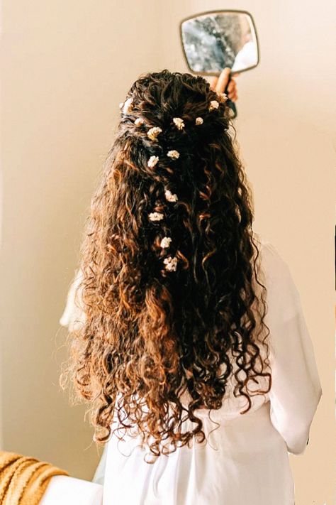 Another bridal hairdo could be absolutely gorgeous for any bride with natural curls. I love capturing this one for bridal imagery. Keep this curly inspo to your bridal board. Wedding Hair Curly Natural, Curly Hair Bride Hairstyles, Curly Hair With Flowers, Natural Curls Wedding Hair, Naturally Curly Bridal Hair, Curly Hair Bridal Hairstyles, Curly Hairstyles Wedding, Curly Bridal Hair, Wedding Hairstyle Ideas