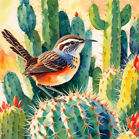 Watercolor painting of a cactus wren on a blooming cactus. Anime Watercolor, Desert Scenes, Cactus Wren, Blooming Cactus, Pear Cactus, Prickly Pear Cactus, Prickly Pear, Wren, In Bloom