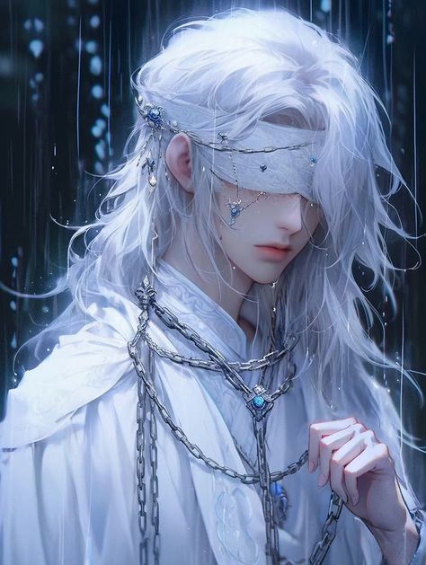 Blindfold Anime Guy, Angel Anime Boy, White Hair Art, Guys With White Hair, White Hair Anime Guy, Long White Hair, Snk Cosplay, Japon Illustration, Kesha